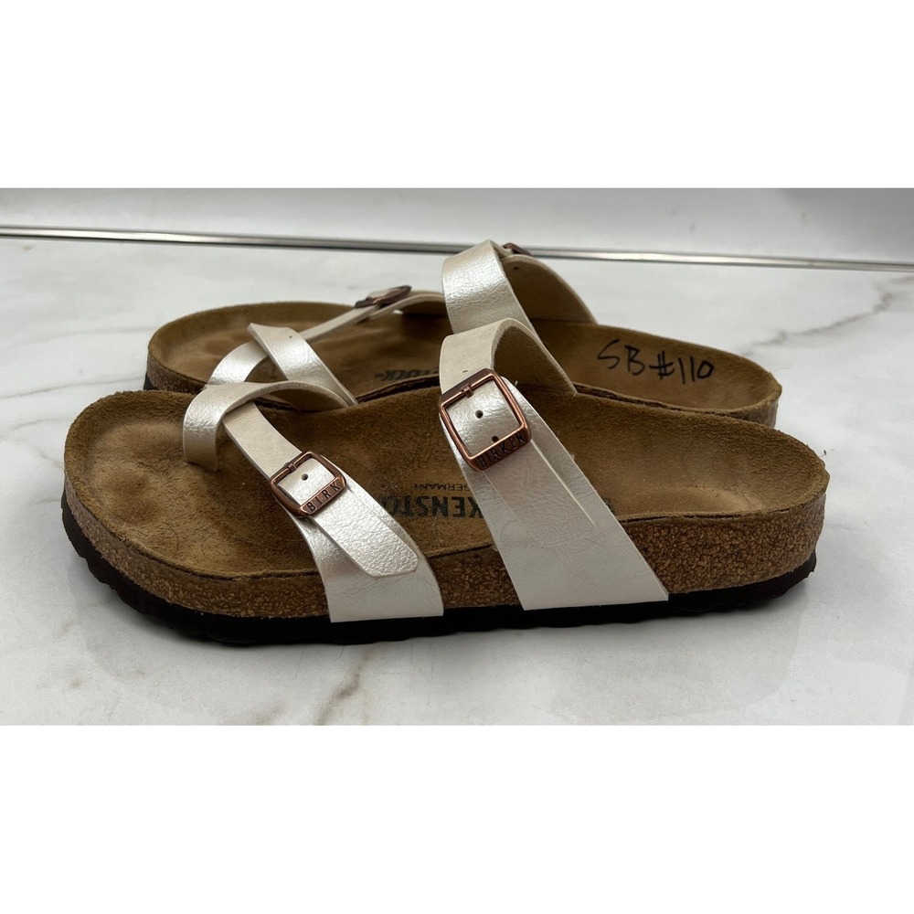 Birkenstock Sandals Womens 7.5 Mayari Pearly White Birko-Flor Rose Gold Buckle